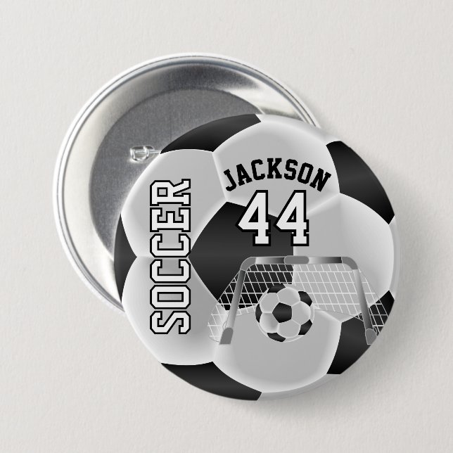 Black and White Personalize Soccer Ball Button (Front & Back)