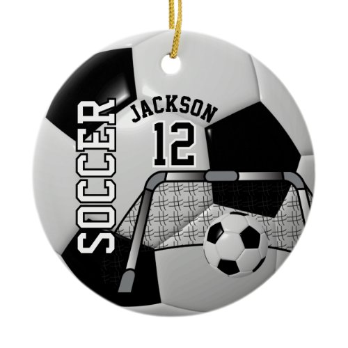 ⚽ Black and White Personalize Soccer Ball Ceramic Ornament