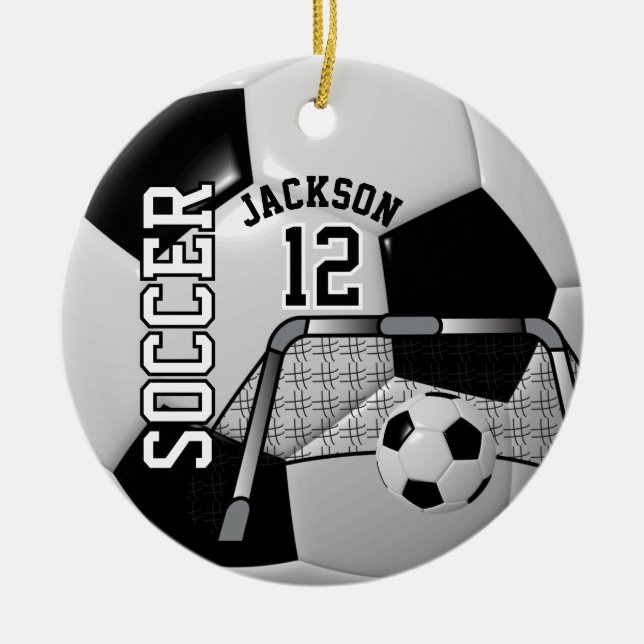 ⚽ Black and White Personalize Soccer Ball Ceramic Ornament (Front)