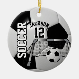 ⚽ Black and White Personalize Soccer Ball Ceramic Ornament