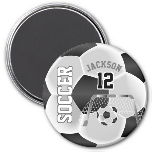 Black and White Personalize Soccer Ball Magnet