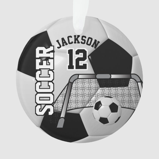 Black and White Personalize Soccer Ball Ornament (Front)