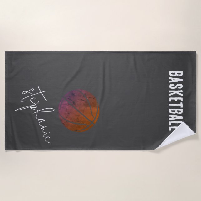 Black and White Personalized Basketball  Beach Towel (Front)