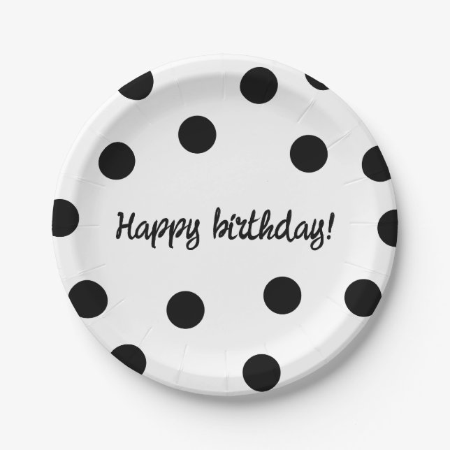 Black and white personalized birthday paper plates (Front)