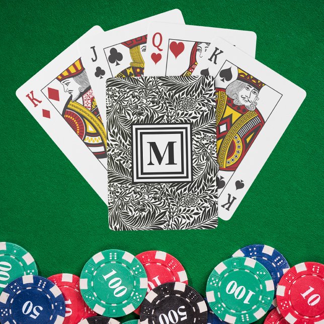 Black and White Personalized Botanical Monogram Poker Cards (Creator Uploaded)
