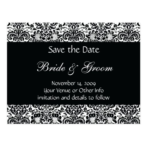 Black and White Personalized Damask Save the Date Postcard | Zazzle