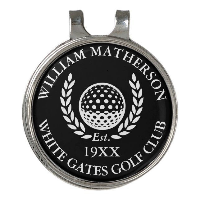 Black And White Personalized Golf Club Name Golf Hat Clip (Front)