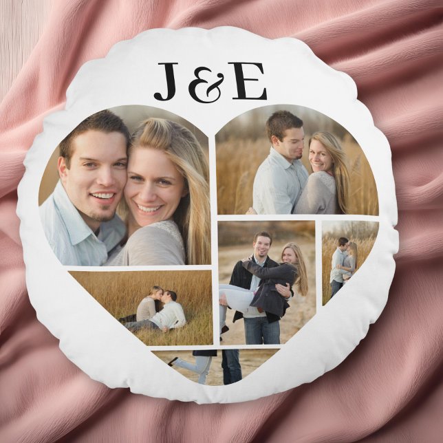 Black and White Personalized Heart Photo Collage  Round Pillow (Personalized Heart Collage round throw pillow)