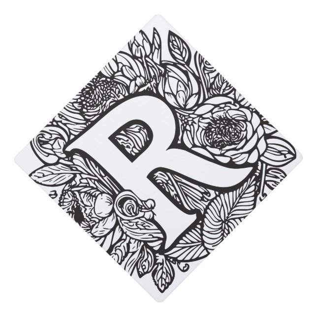 Black and White Personalized Ink Tattoo Flowers  Graduation Cap Topper (Front)