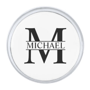 Black and White Personalized Monogram and Nam Silver Finish Lapel Pin