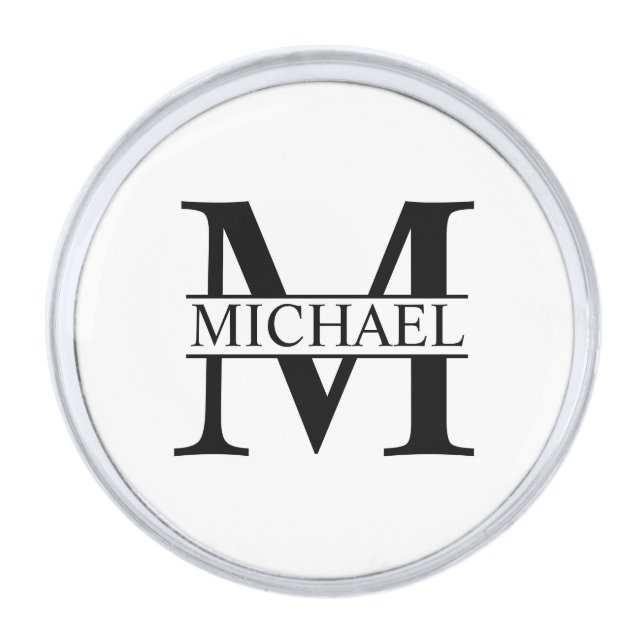 Black and White Personalized Monogram and Nam Silver Finish Lapel Pin (Front)