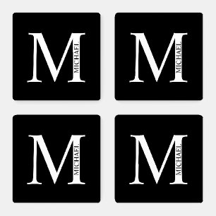 Black and White Personalized Monogram and Name Coaster Set