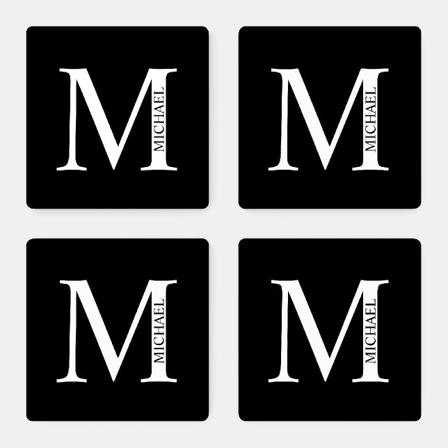 Black and White Personalized Monogram and Name Coaster Set (Set)