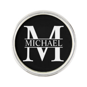 Black and White Personalized Monogram and Name Lapel Pin