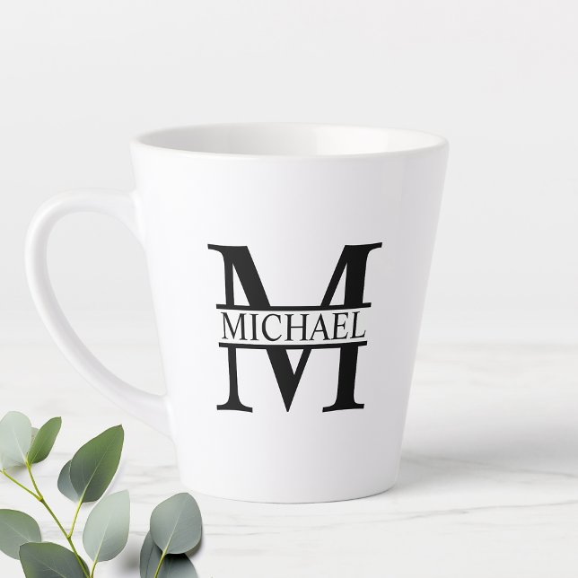 Black and White Personalized Monogram and Name Latte Mug (Creator Uploaded)