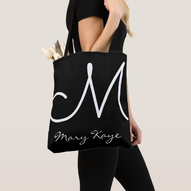 Black and White Personalized Monogram Tote Bag (Close Up)