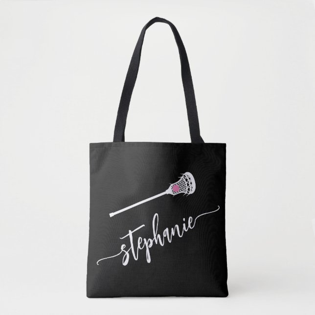 Black and White Personalized Name LAX Lacrosse Tot Tote Bag (Front)