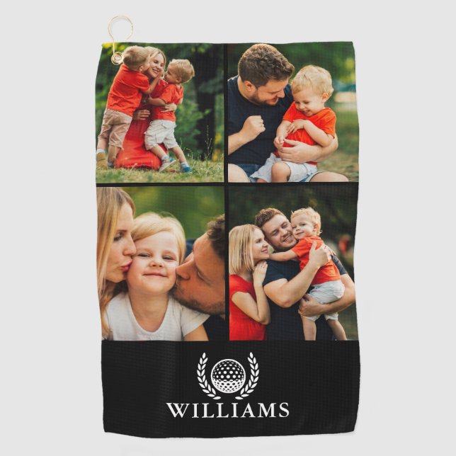 Black And White Personalized Name Monogram 4 Photo Golf Towel (Front)