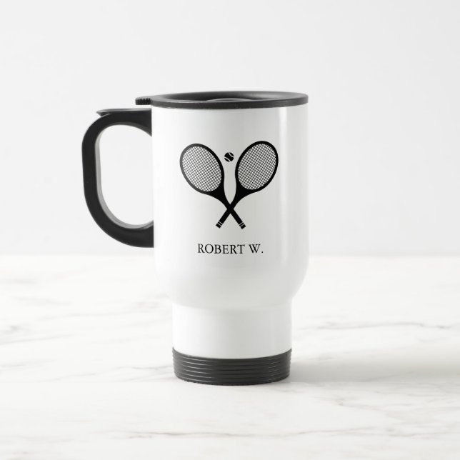 Black And White Personalized Name Monogram Tennis Travel Mug (Left)