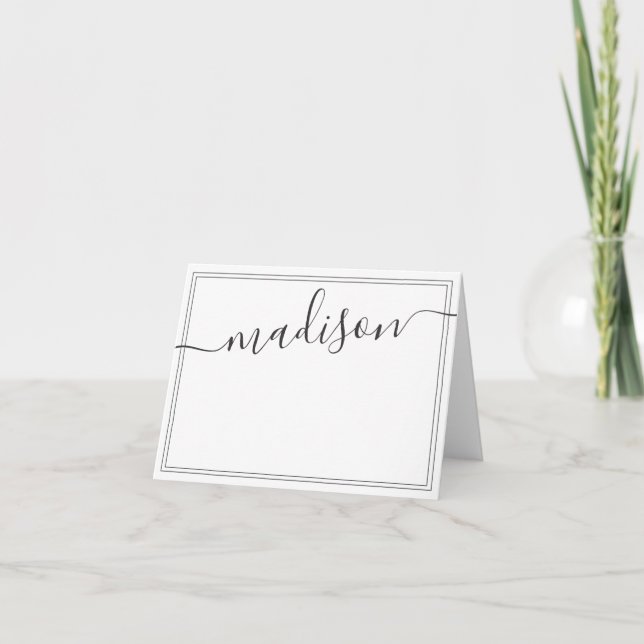 Black and White Personalized Name Script Signature Letterpress Thank You Card (Front)