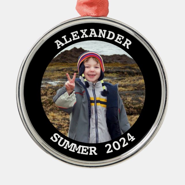 Black and White Personalized Round Family Photo Metal Ornament (Front)