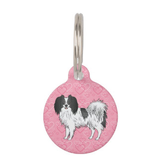 Black And White Phalène Cartoon Dog On Pink Hearts Pet ID Tag