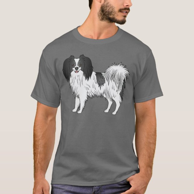 Black And White Phalène Cute Cartoon Dog Drawing T-Shirt (Front)