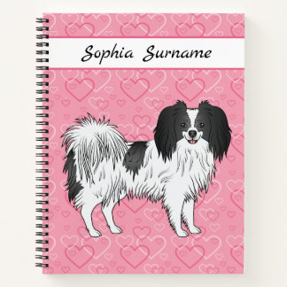 Black And White Phalène Cute Dog On Pink Hearts Notebook