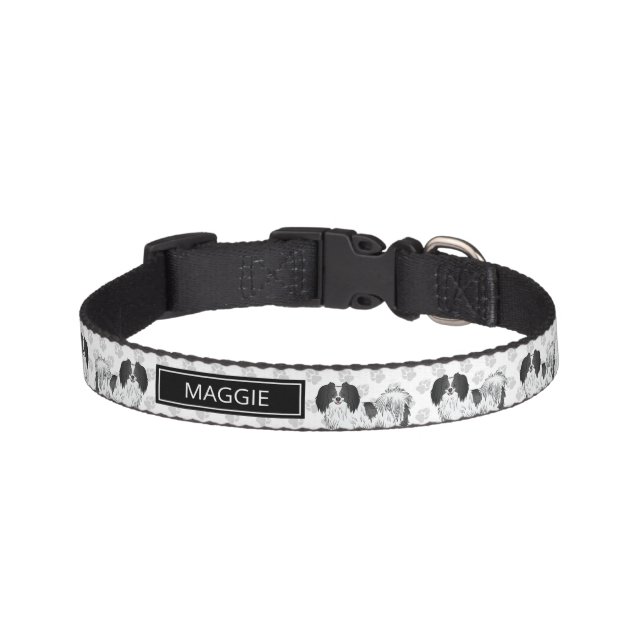Black And White Phalène Dog And Dog's Own Name Pet Collar (Front)