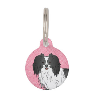 Black And White Phalène Dog Head On Pink Hearts Pet ID Tag