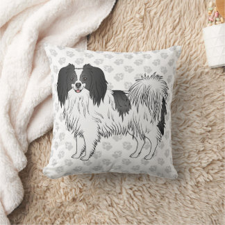 Black And White Phalène Dog On Gray Paw Prints Throw Pillow