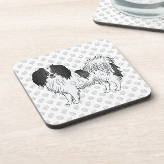 Black And White Phalène Dog On Gray Paws Pattern Beverage Coaster