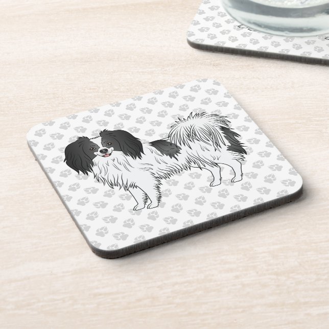Black And White Phalène Dog On Gray Paws Pattern Beverage Coaster (Left Side)
