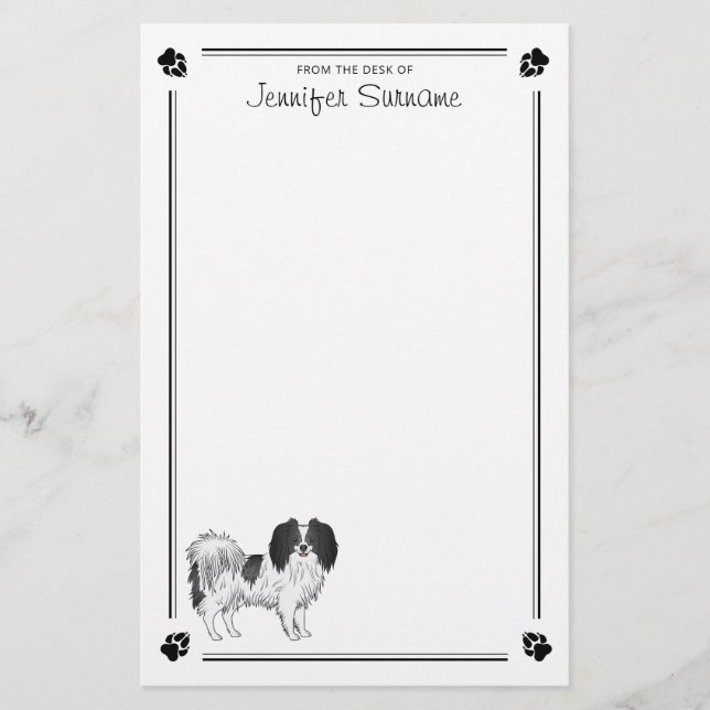 Black And White Phalène Dog With Paws And Text Stationery (Front)