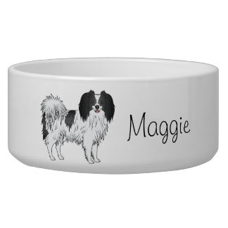 Black And White Phalène Dog With Personalized Name Bowl