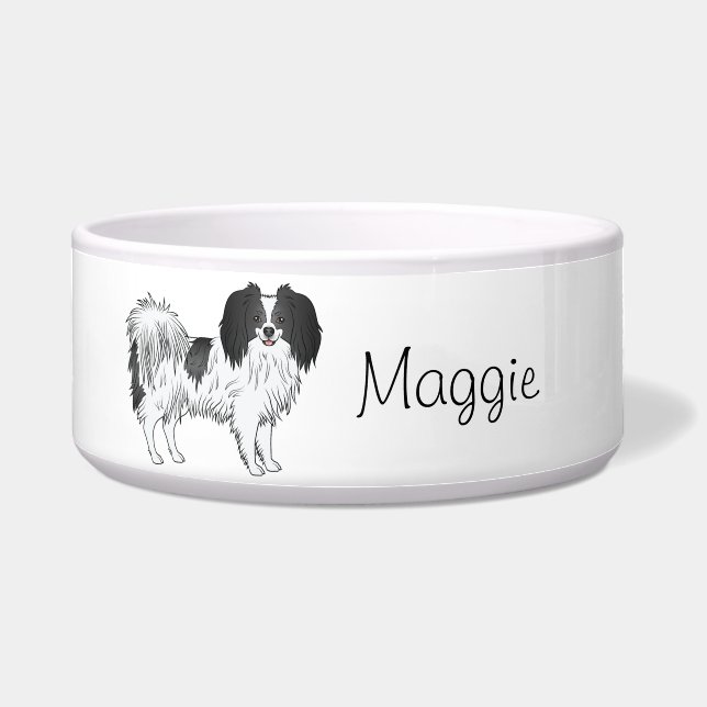 Black And White Phalène Dog With Personalized Name Bowl (Front)