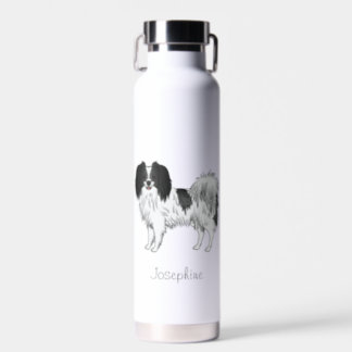Black And White Phalène Dog With Personalized Name Water Bottle