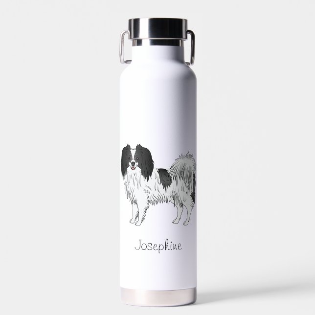 Black And White Phalène Dog With Personalized Name Water Bottle (Front)