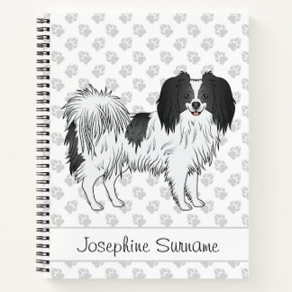 Black And White Phalène Dog With Text And Paws Notebook