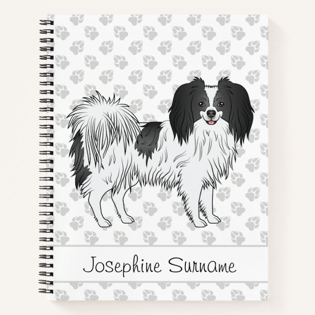 Black And White Phalène Dog With Text And Paws Notebook (Front)