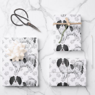 Black And White Phalène Dogs With Gray Paw Pattern Wrapping Paper Sheets