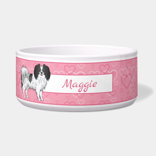 Black And White Phalène On Pink Hearts With Name Bowl (Front)