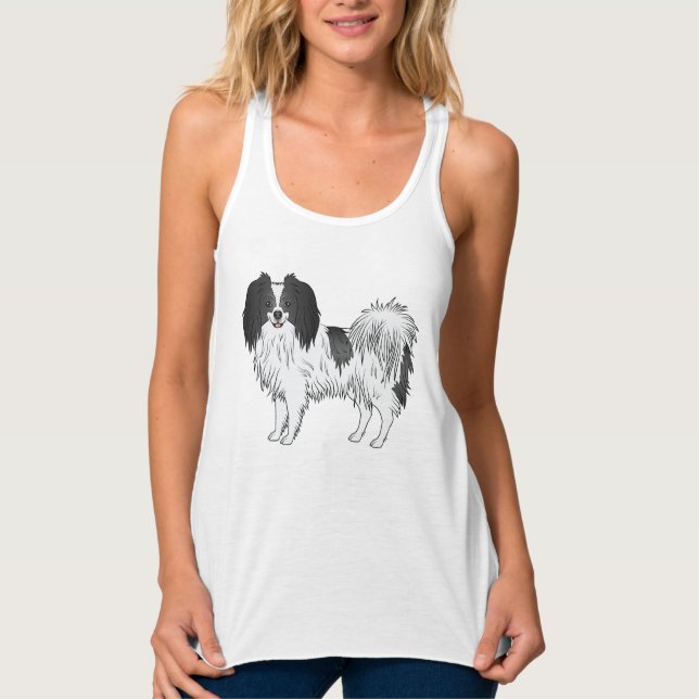 Black And White Phalène Standing Dog Illustration Tank Top (Front)