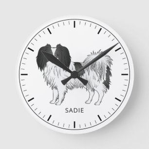 Black And White Phalène With Personalizable Name Round Clock