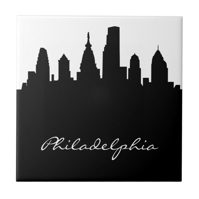 Black and White Philadelphia Skyline Ceramic Tile (Front)