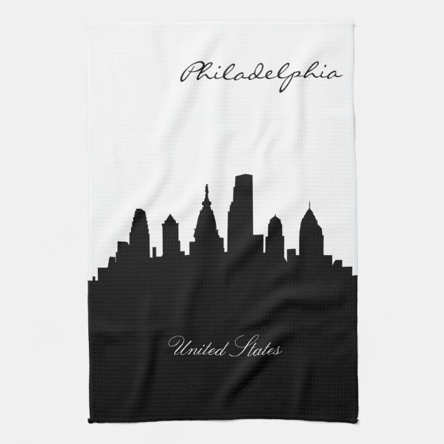 Black and White Philadelphia Skyline Kitchen Towel (Vertical)
