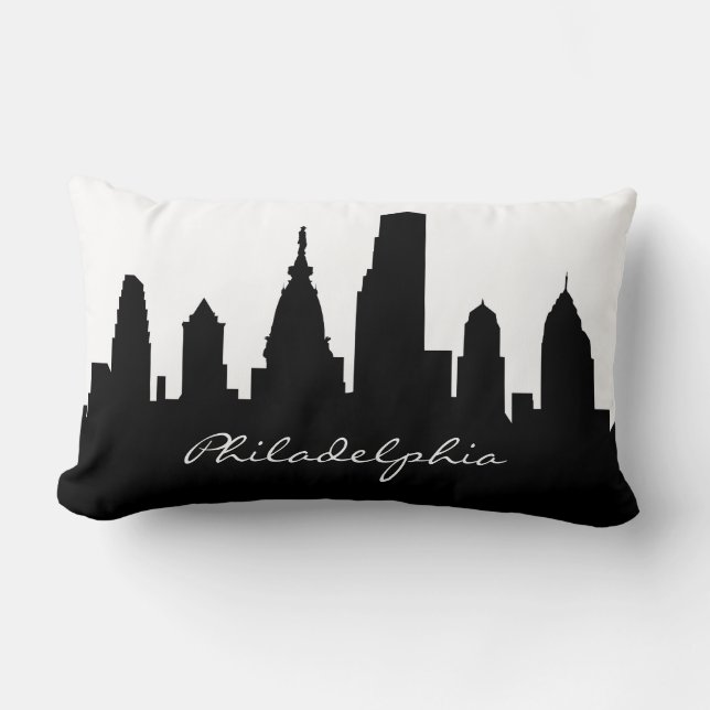 Black and White Philadelphia Skyline Lumbar Pillow (Front)