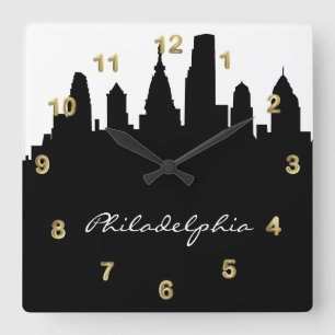 Black and White Philadelphia Skyline Square Wall Clock