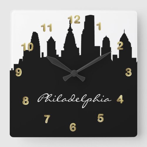 Black and White Philadelphia Skyline Square Wall Clock
