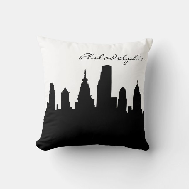 Black and White Philadelphia Skyline Throw Pillow (Front)